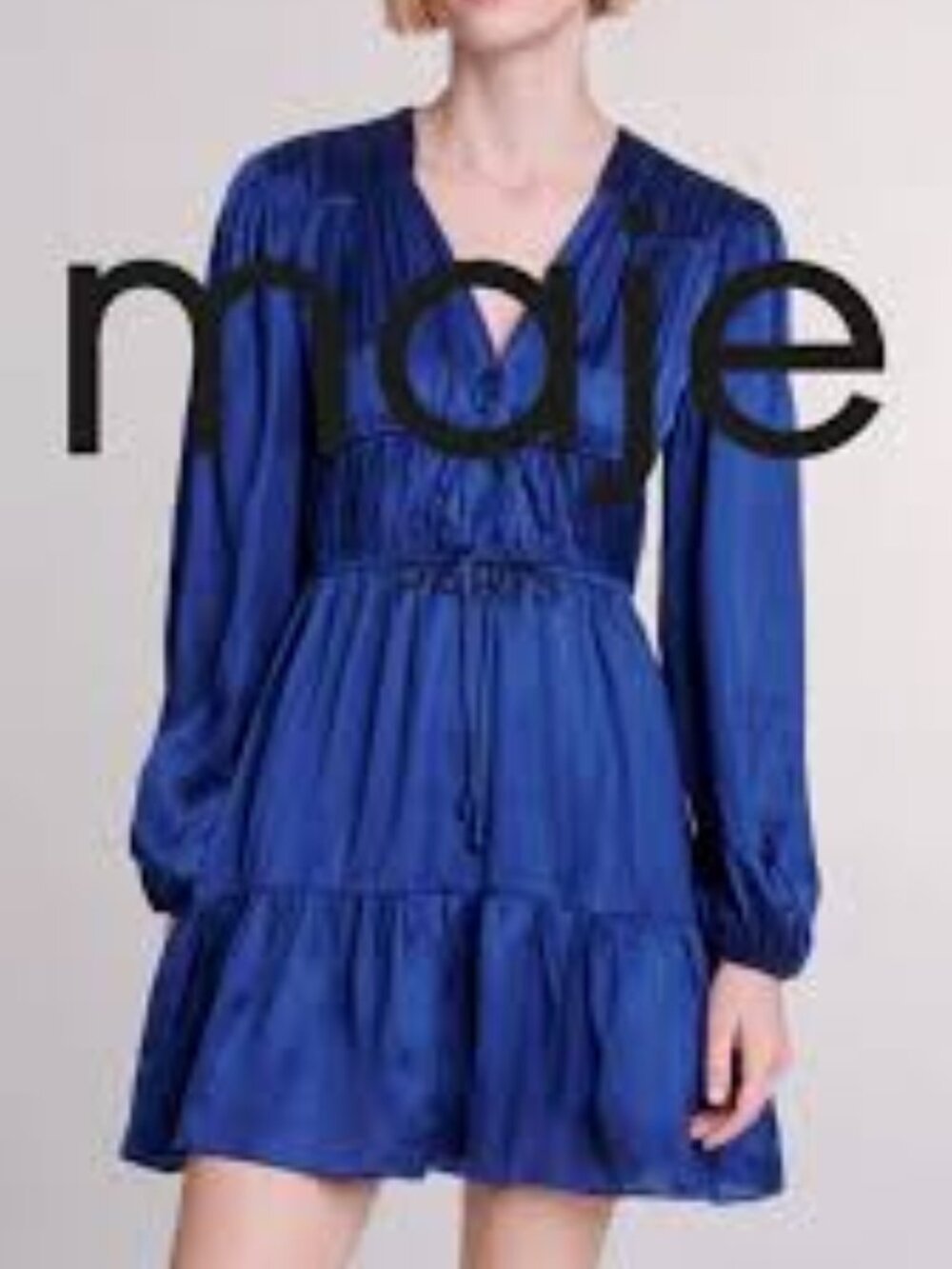 MAJE Rapsody Mini Dress Gathered Cupro Silk Navy Smocked waist V neck Elegant 68